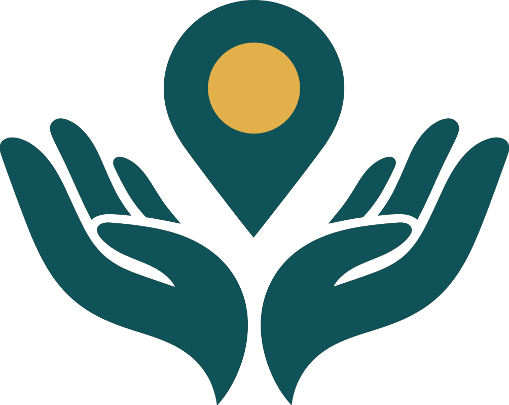 Teal hands holding a location pin with a gold center